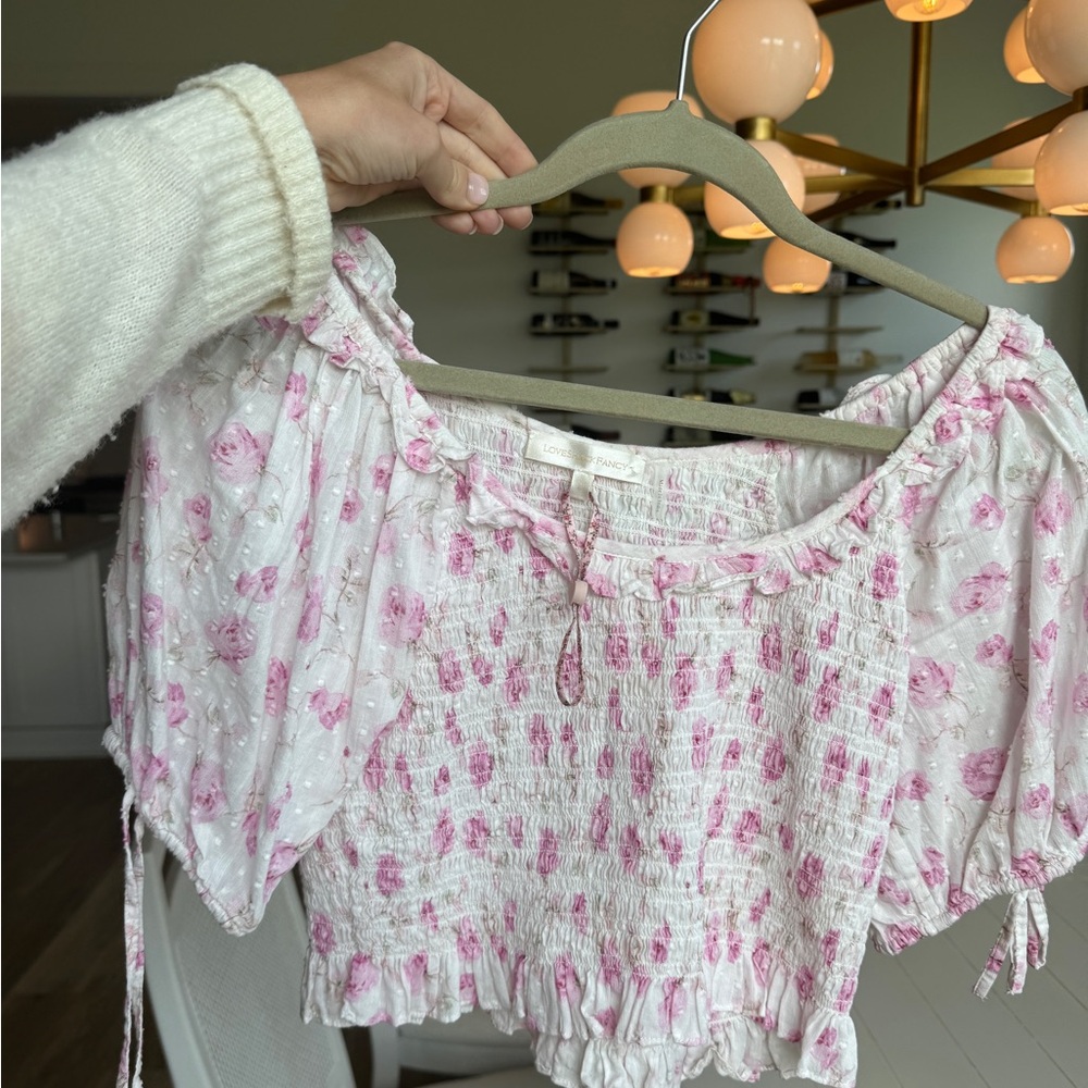 LoveShackFancy White and Pink Smocked Crop Blouse